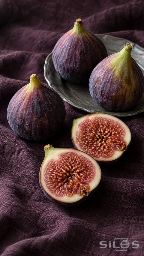 Whole purple figs and two rosy cut halves rest on plum linen beside a small gray plate.