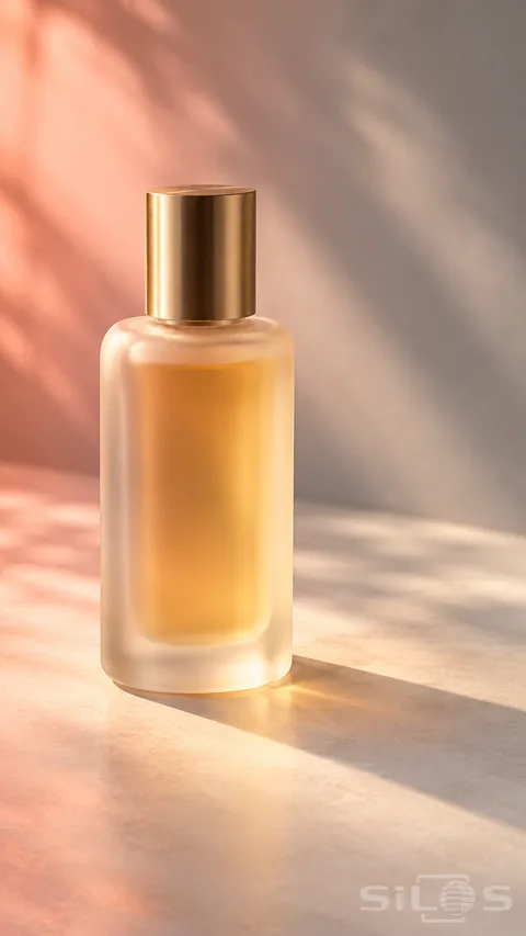 Frosted perfume bottle with amber liquid and a brushed gold cap in warm coral light and soft leaf shadows