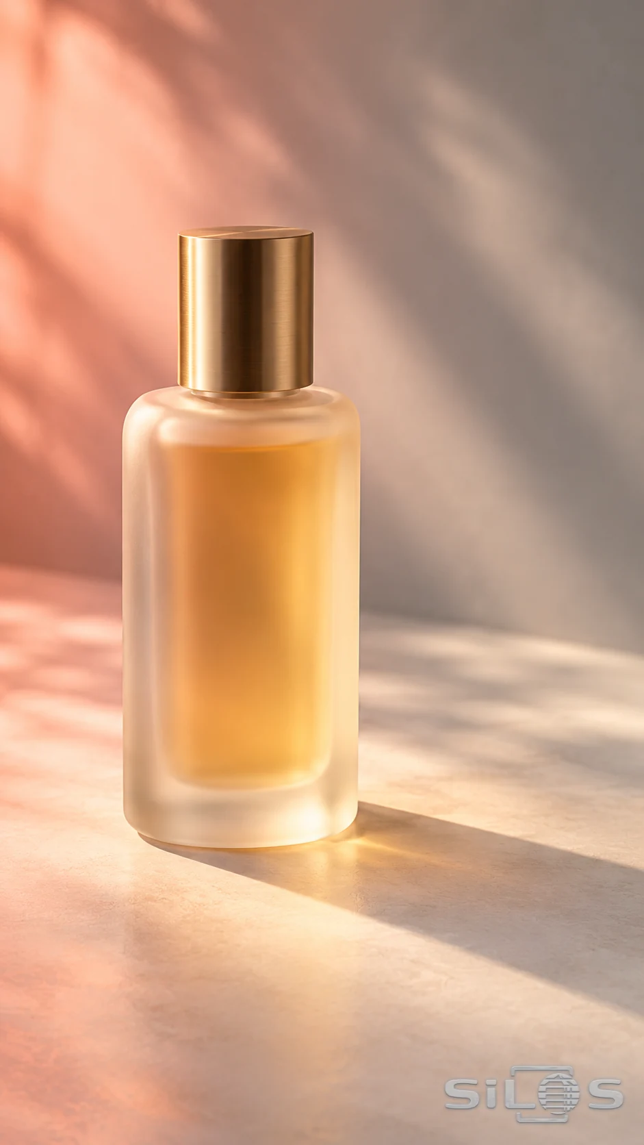 Frosted perfume bottle with amber liquid and a brushed gold cap in warm coral light and soft leaf shadows