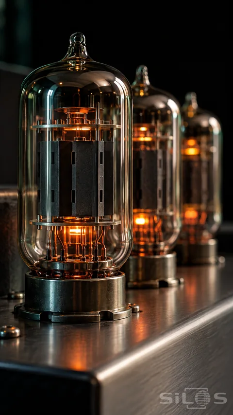 Three glass vacuum tubes recede across a metal chassis; with the nearest tube sharply lit in orange and cool green reflections.