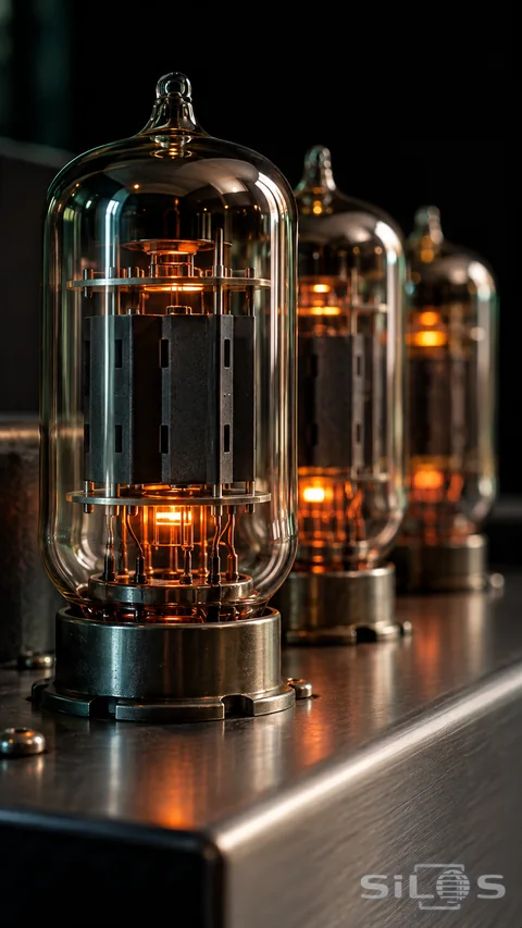 Three glass vacuum tubes recede across a metal chassis, with the nearest tube sharply lit in orange and cool green reflections.