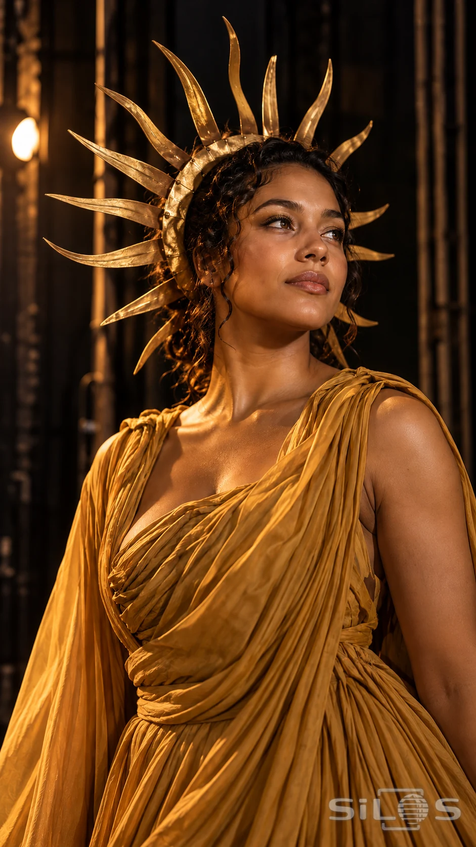 An adult woman wearing a gold sunburst costume headpiece and draped ochre dress in warm theater light.