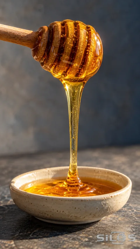 Golden honey streaming from a wooden dipper into a speckled cream ceramic dish on a dark stone surface