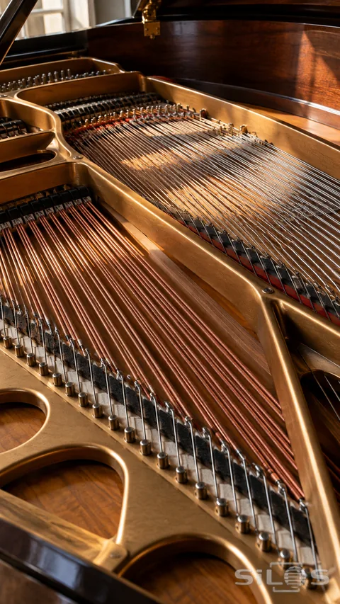 The open interior of a grand piano shows copper and silver-colored strings over a golden metal frame in warm window light.