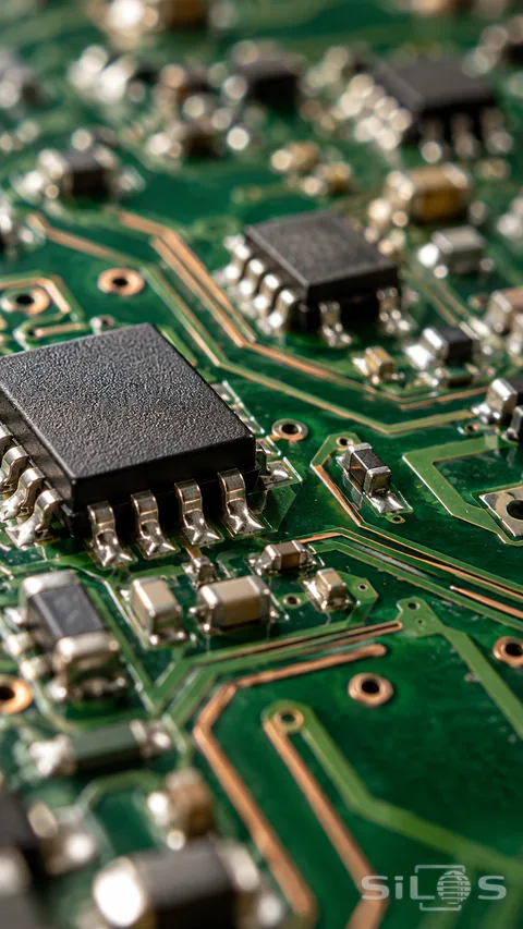 Close-up of unmarked black electronic chips and silver solder joints on a green circuit board with copper traces