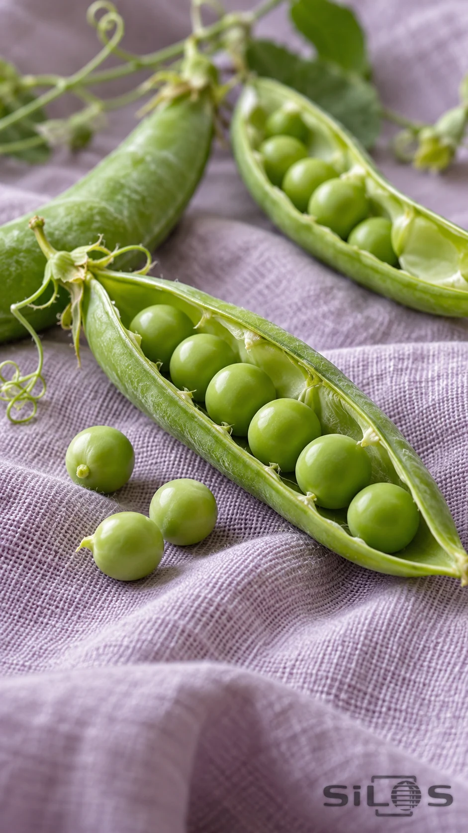Open pea pods and loose green peas on softly folded lilac linen, with a closed pod and tendrils behind.