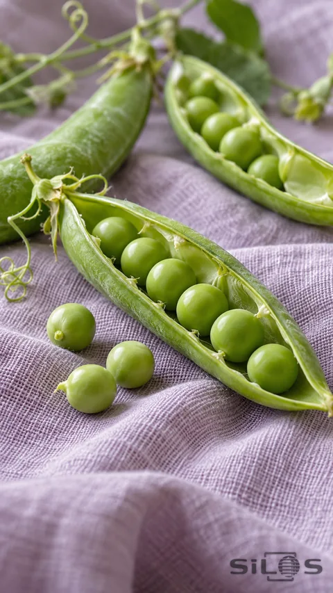 Open pea pods and loose green peas on softly folded lilac linen, with a closed pod and tendrils behind.