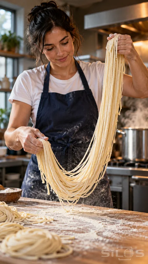 Cook in a navy apron holding a long bundle of fresh noodles over a flour-covered wooden worktop.
