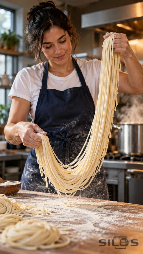 Cook in a navy apron holding a long bundle of fresh noodles over a flour-covered wooden worktop.