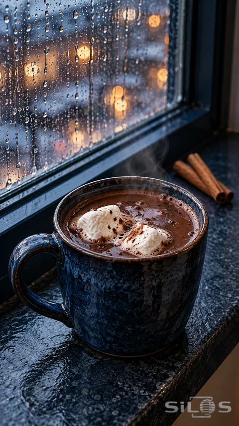 A blue ceramic mug of hot cocoa with two marshmallows sits beside a rainy window and cinnamon sticks.