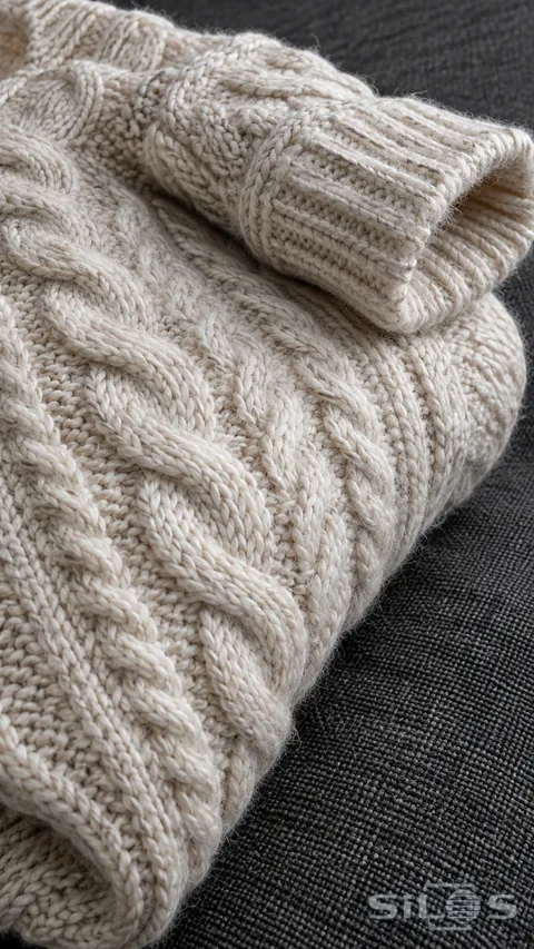 Close view of an ivory cable-knit sweater with a ribbed cuff on charcoal woven fabric