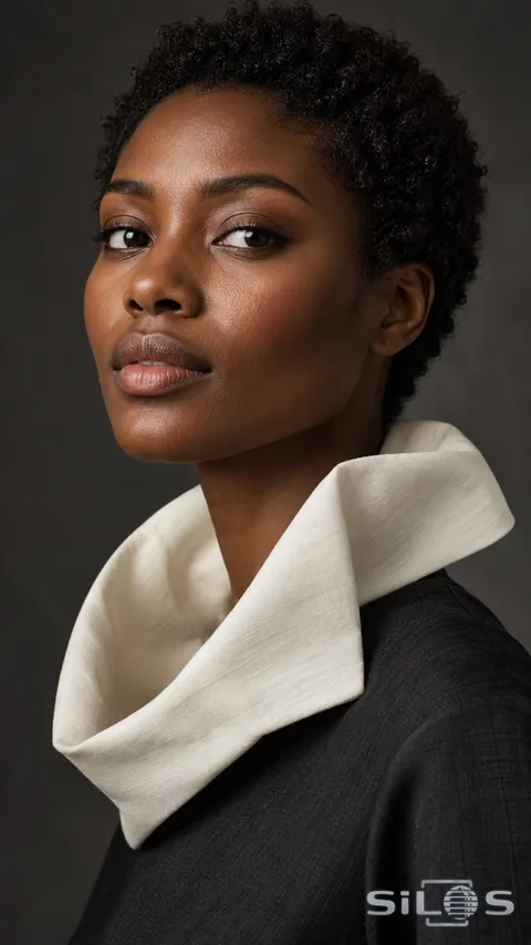 Close studio portrait of a woman with short curly hair wearing a wide ivory collar and charcoal garment against a dark background.