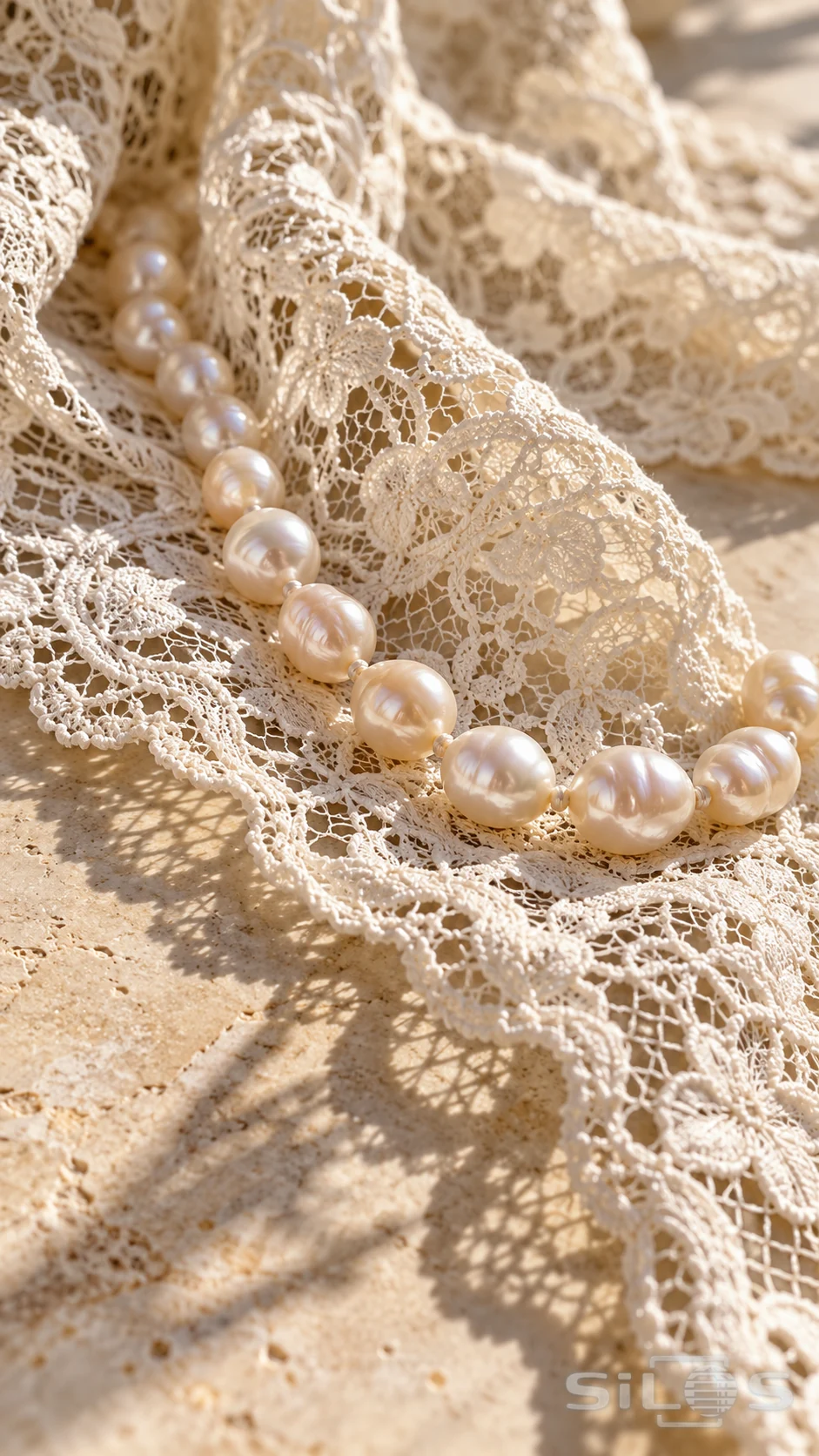 A curved strand of ivory pearls lies on floral lace over warm pale stone.