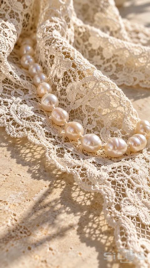 A curved strand of ivory pearls lies on floral lace over warm pale stone.