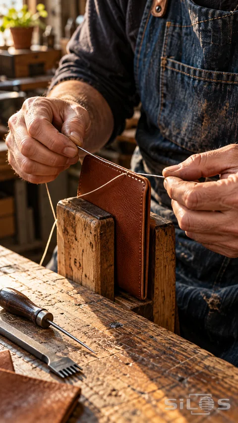 Leatherworker's hands stitching a brown leather wallet held in a wooden clamp on a sunlit workbench.