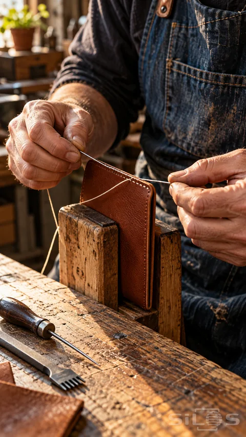 Leatherworker's hands stitching a brown leather wallet held in a wooden clamp on a sunlit workbench.