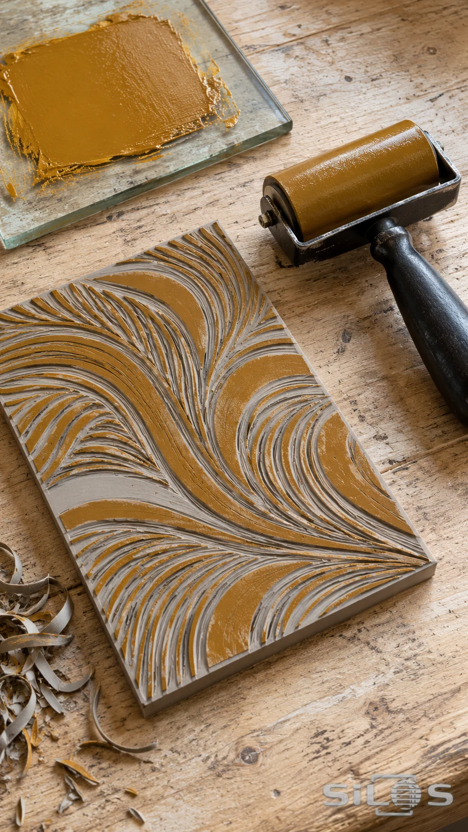 A linocut block with flowing carved lines lies beside an ochre-coated brayer and glass ink slab.