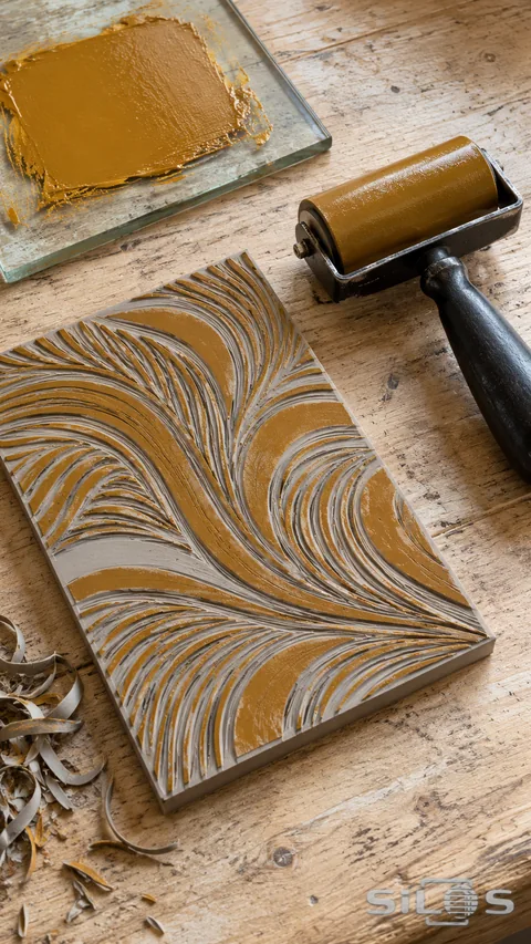 A linocut block with flowing carved lines lies beside an ochre-coated brayer and glass ink slab.