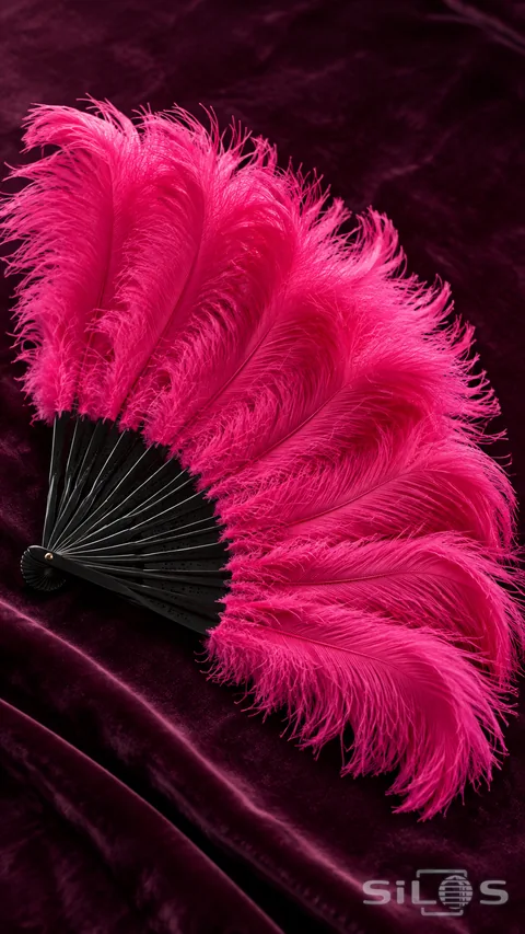 Open magenta feather fan with a black folding frame resting diagonally on plum velvet