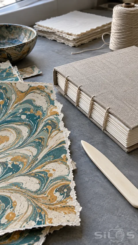 Marbled paper; a blank clothbound book with exposed binding stitches; linen thread and an ivory bone folder on a gray worktable.