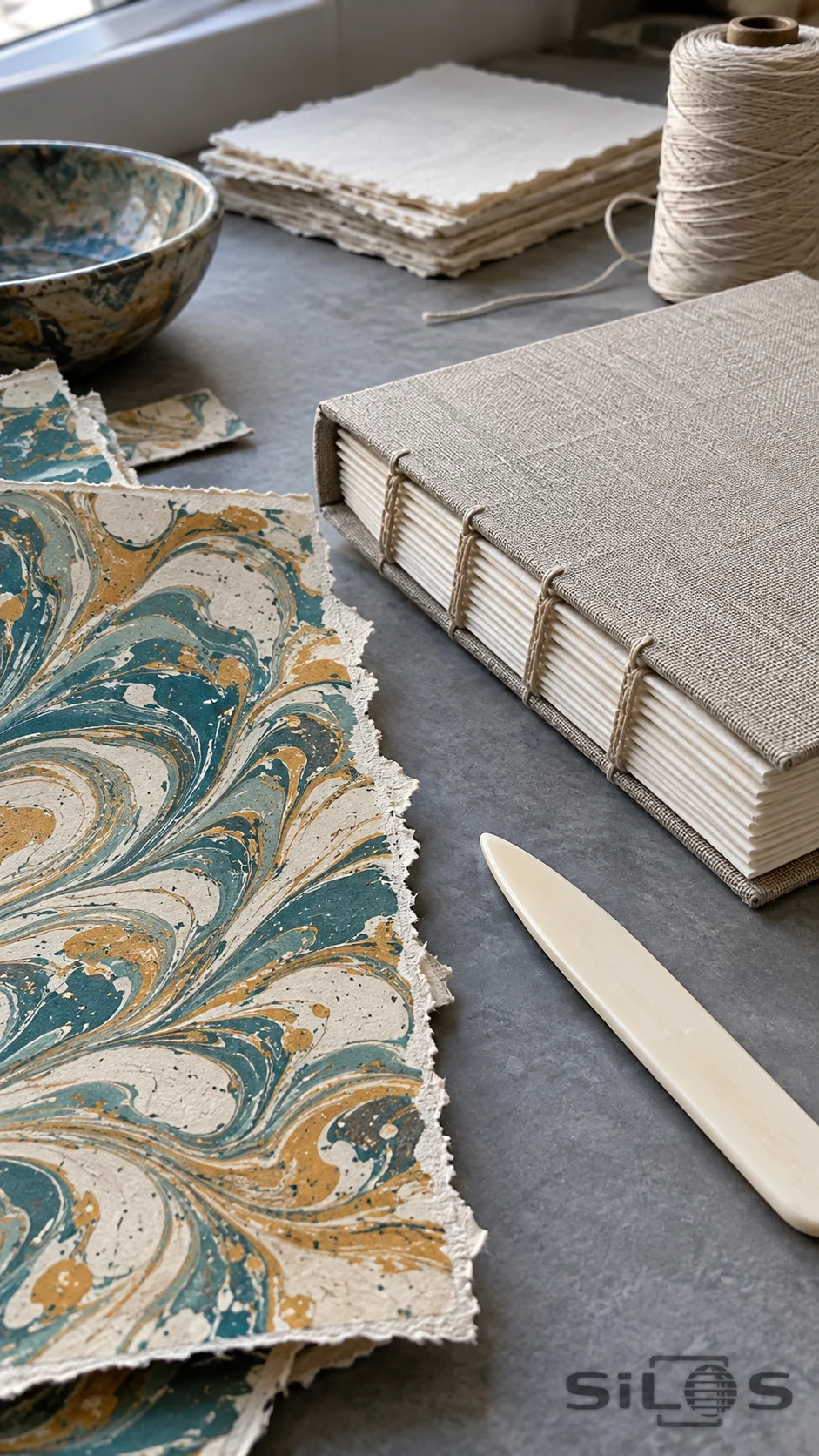 Marbled paper, a blank clothbound book with exposed binding stitches, linen thread and an ivory bone folder on a gray worktable.