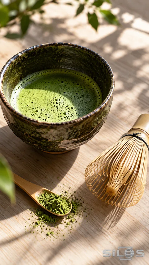 Green matcha in a dark glazed ceramic bowl with a bamboo whisk and wooden spoon of matcha powder on a sunlit wood table