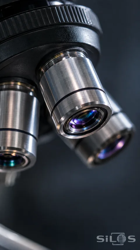 Three unmarked metal microscope objective lenses with violet and cyan optical reflections on a dark rotating nosepiece