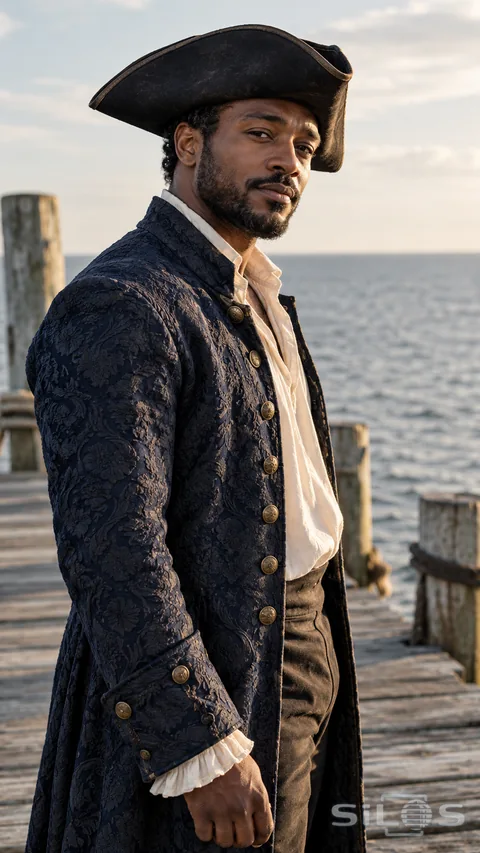An adult man in a navy brocade pirate costume and dark three-corner hat stands on a wooden dock beside a gray-blue sea.