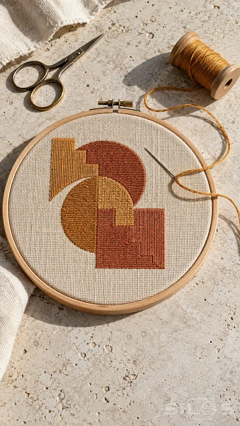 Wooden embroidery hoop holding linen with ochre and terracotta stitching; beside scissors and a thread spool.