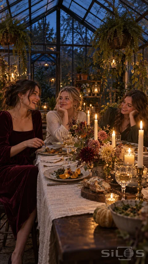 An intimate candlelit autumn table beneath greenhouse rafters; with young women sharing supper.