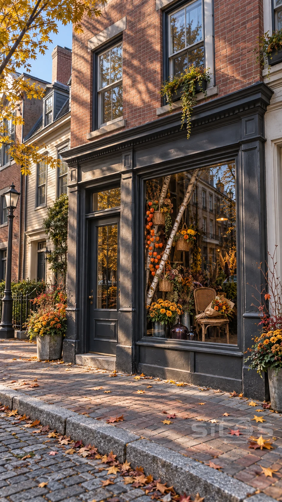 A dark-painted florist storefront in clear autumn daylight, with birch branches, hanging baskets and orange physalis behind reflective glass beside its entrance and brick sidewalk.