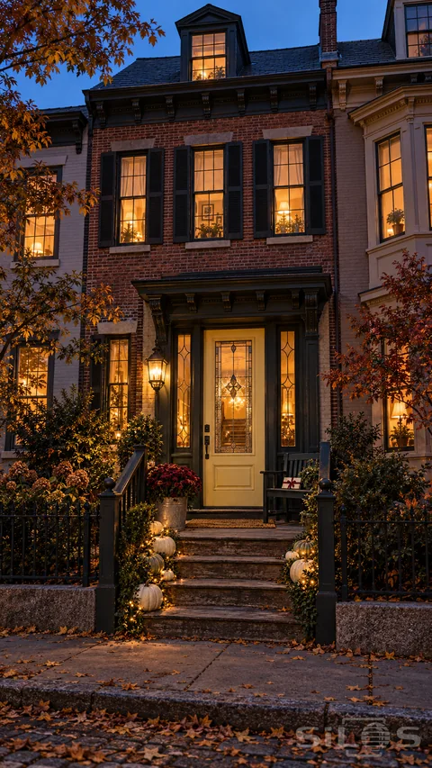 A brick townhouse at blue hour, with a leaded-glass entrance, pumpkin-lined steps and burgundy chrysanthemums framed by neighboring homes and a leaf-strewn sidewalk.