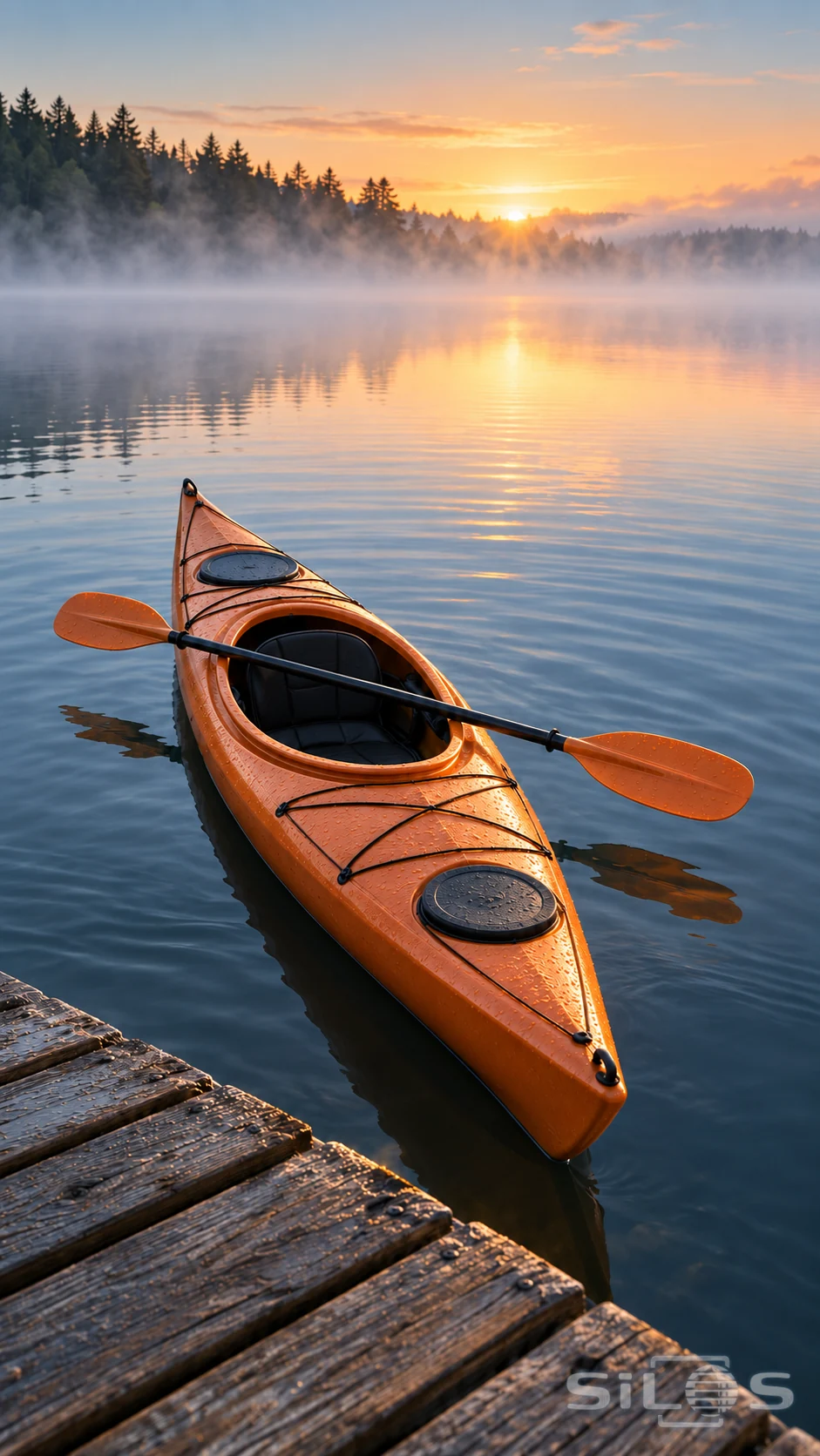 An empty orange kayak with a paddle floats beside a dock on a calm lake at sunrise.