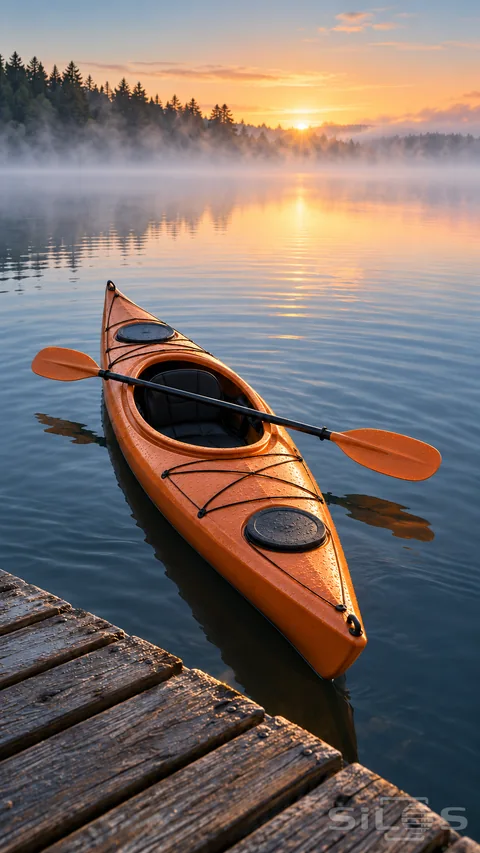 An empty orange kayak with a paddle floats beside a dock on a calm lake at sunrise.