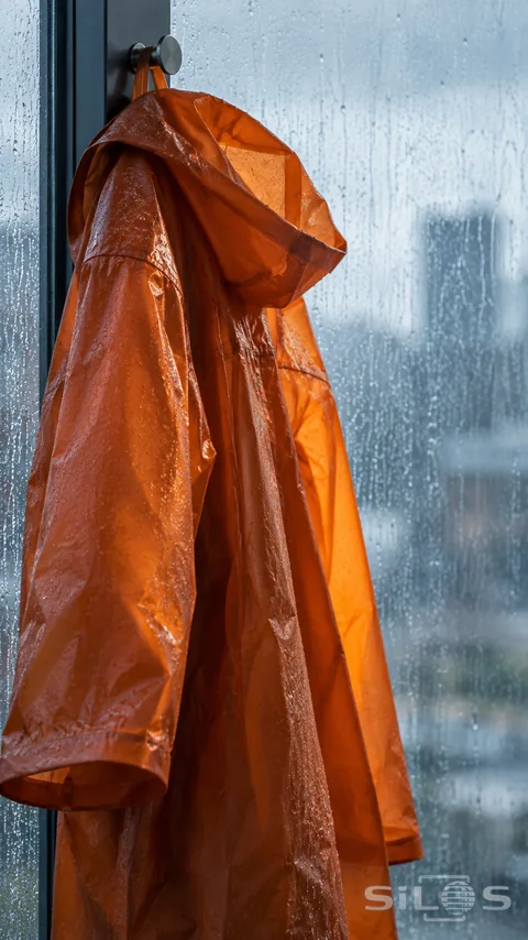 Translucent orange hooded raincoat hanging from a metal hook in front of a rain-covered window