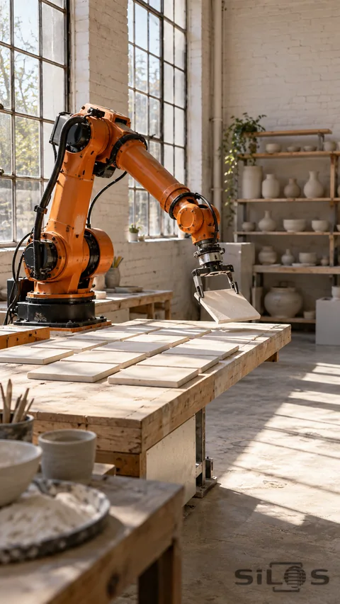 Orange industrial robot holding a cream ceramic tile above rows of tiles in a bright pottery workshop.