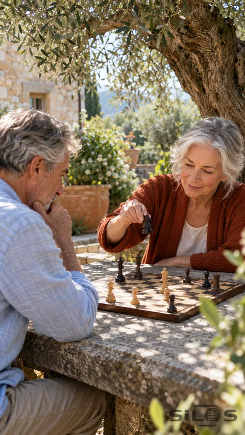 Two older adults playing chess at a stone courtyard table, one lifting a black knight beneath olive branches.