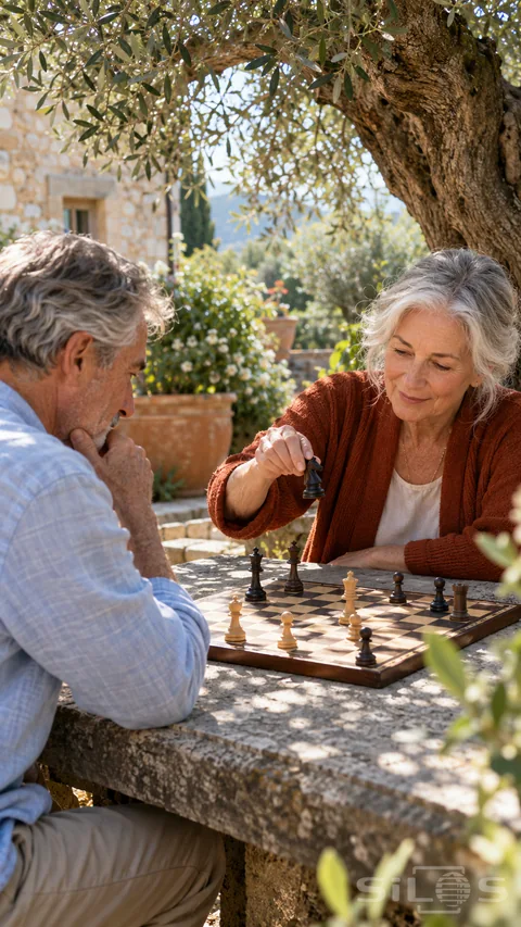 Two older adults playing chess at a stone courtyard table; one lifting a black knight beneath olive branches.