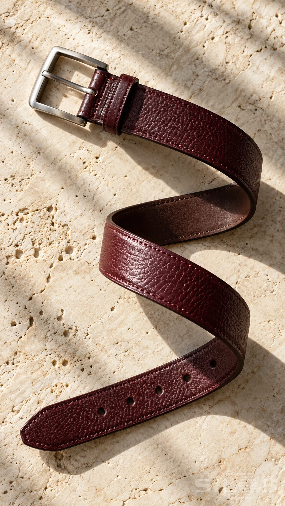 A burgundy leather belt arranged in an S curve on ivory travertine with a rectangular silver buckle and crisp diagonal shadows.