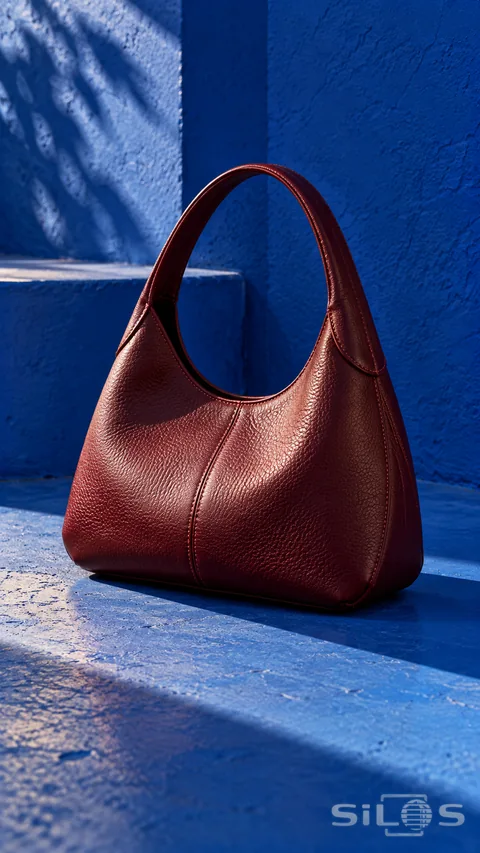 Oxblood leather handbag with a curved handle on a cobalt-blue step in strong sunlight