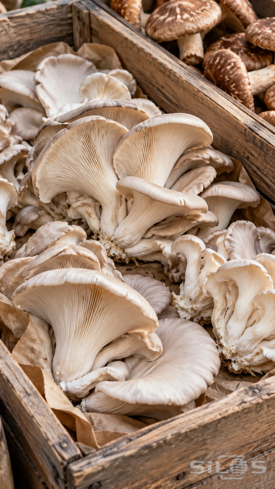 Cream oyster mushroom clusters fill a wooden crate beside brown shiitake mushrooms.