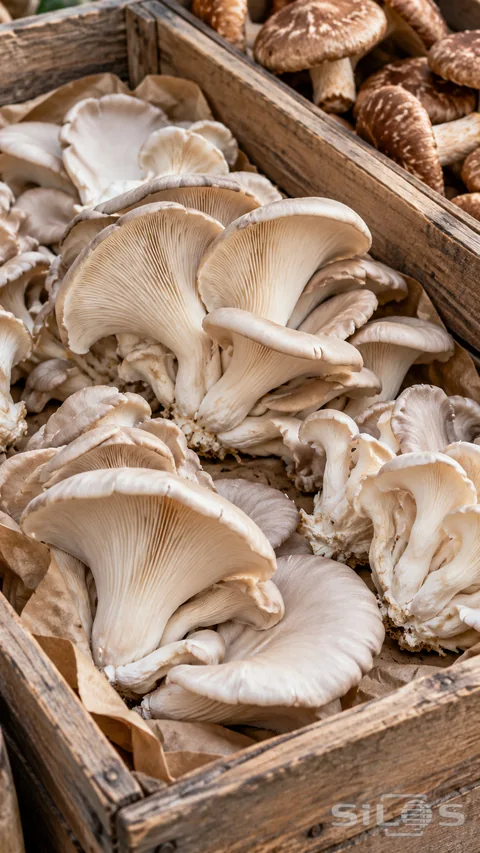 Cream oyster mushroom clusters fill a wooden crate beside brown shiitake mushrooms.