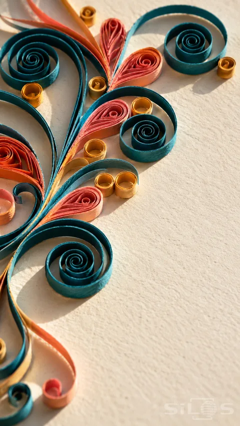 Handmade teal and coral quilled paper spirals with ochre loops on textured ivory card.