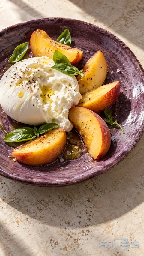 Torn white burrata with five golden peach wedges and green basil on a plum-purple ceramic plate