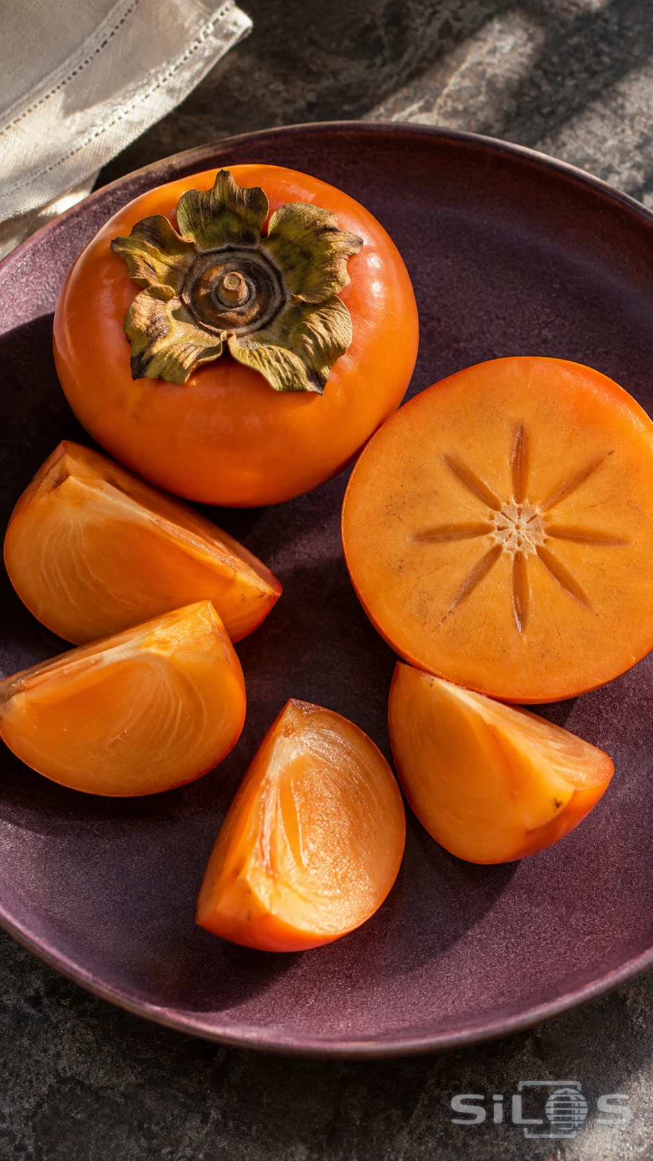 A whole orange persimmon, a round cut half and several wedges arranged on a plum-colored ceramic plate.