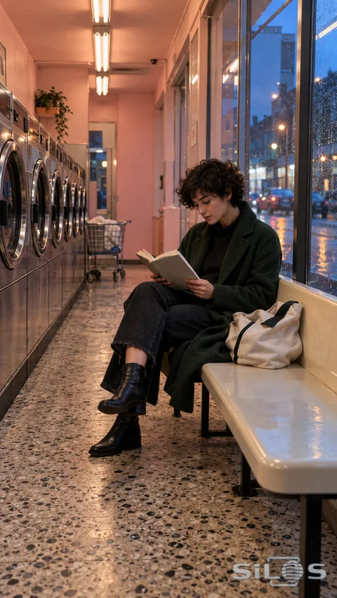 Adult reading on a cream bench in a pink laundromat beside a rain-covered window at blue hour.