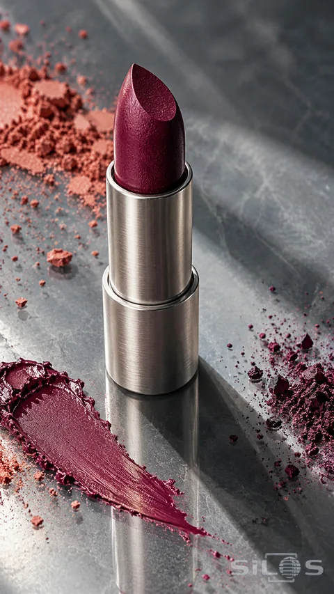 A plum lipstick in a silver tube stands beside coral powder and a plum smear on a reflective gray surface.