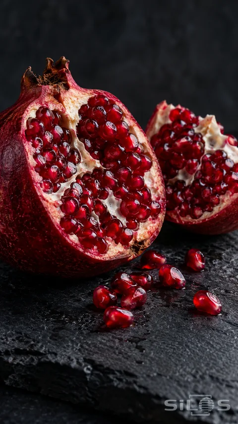 Two pomegranate sections and loose ruby seeds sit on rough black slate in soft side light.