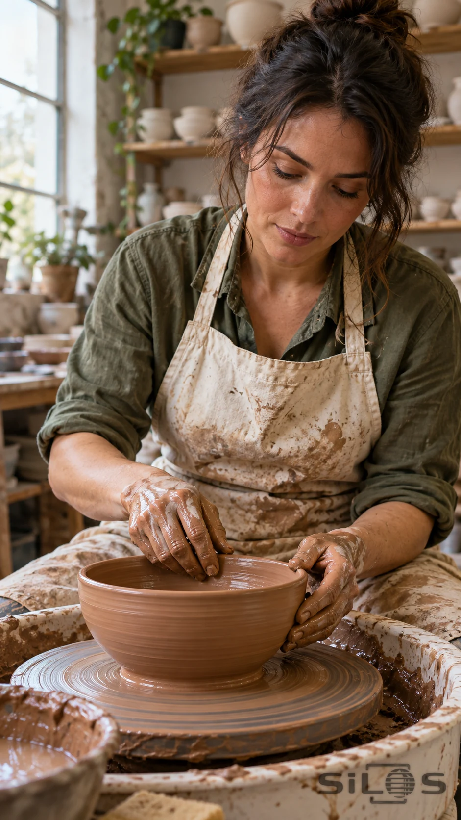 Potter in an olive shirt and clay-stained apron shaping a terracotta bowl on a spinning pottery wheel.