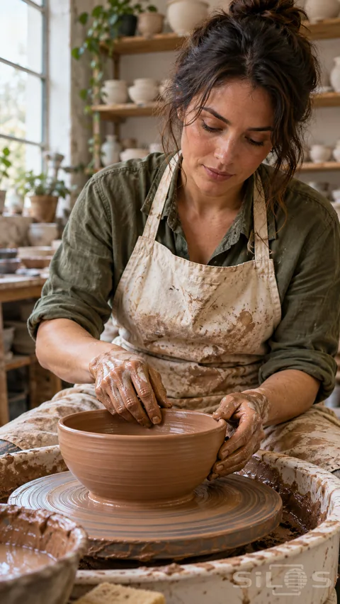 Potter in an olive shirt and clay-stained apron shaping a terracotta bowl on a spinning pottery wheel.